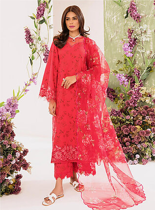 Lotus 3 Pcs Embroidered Unstitched Suit Red