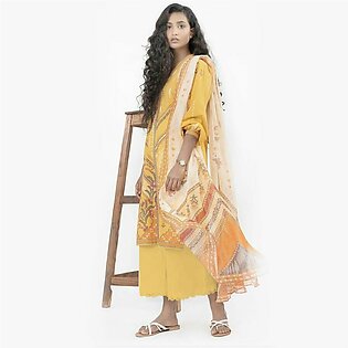 Alkaram 3 Pcs Unstitched Printed Linen Banarsi Suit Yellow