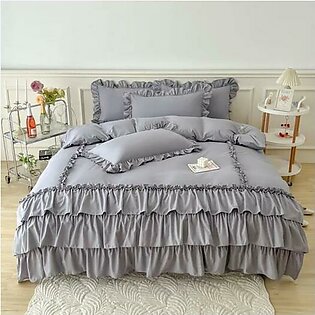8 Pcs Ruffled Grey Bed Sheet Set (Quilt, Pillow & Cushion Covers)