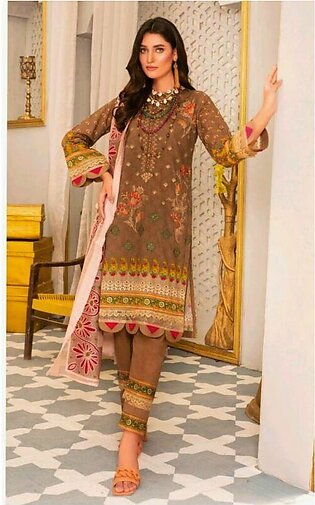 Sapphire 3 Pcs Unstitched Embroidered Lawn Suit Brown