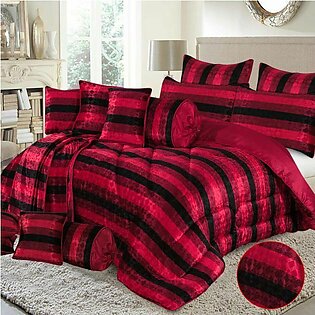 Zybert 14 Pcs Velvet Stripe Red Bed Set with Filled Comforter