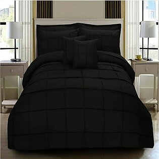 8 Pcs Pleated Square Black Bed Sheet Set With Quilt, Pillow And Cushions Covers