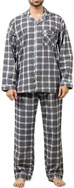 Blue & White Men Checked Nightwear With Piping