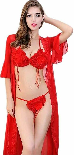 Women's Red Bra Panty Set With Net Gown