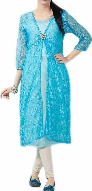 Fashion Café Light Blue Cotton Net Tunic with Golden Brooch on Front