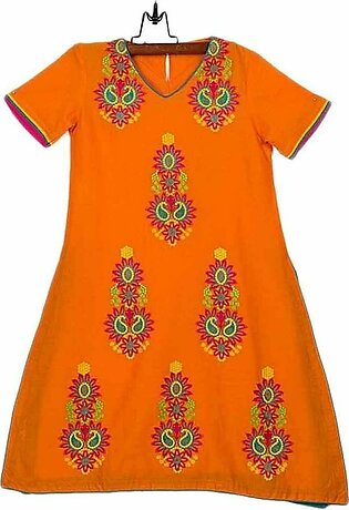 Amaze Collection Orange Cotton Embroidered Kurta for Girls