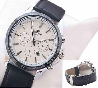 Mens White Dial Black Leather Strap Watch