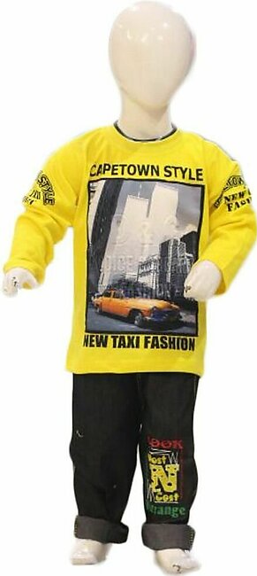 Boys Yellow Printed Pant & TShirt Suit