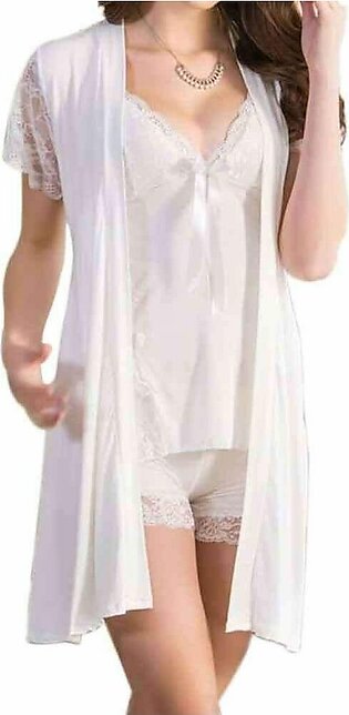 Baby Doll 3 Pc  Silk Gown Set White