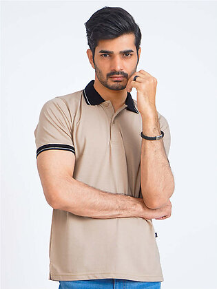 Coffee Cream Contrast Tipping Half Sleeves Cotton Jersey Polo T-Shirt...