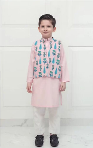 Pink chikan kurta pyjama with blockprinted waist coat – SHKK-983