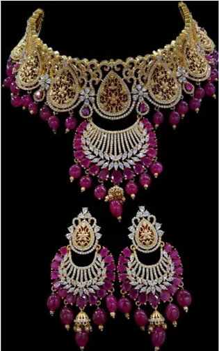 American Diamond Necklace In Gold Polished With Ruby Hue Stones And Deep Maroon Meenakari