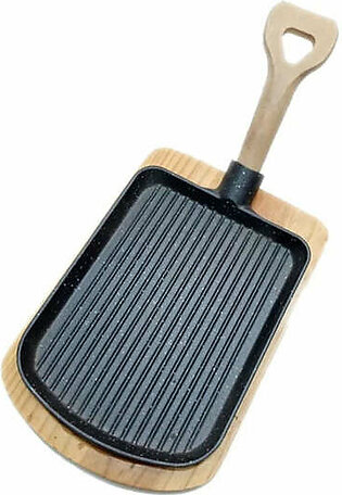 Cast Iron Grill Pan With Wooden Handle & Base