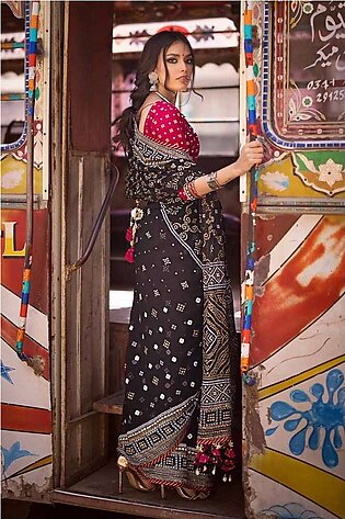 Gul Ahmed Chunri Embroidered Raw Silk Unstitched Saree PRS-42002