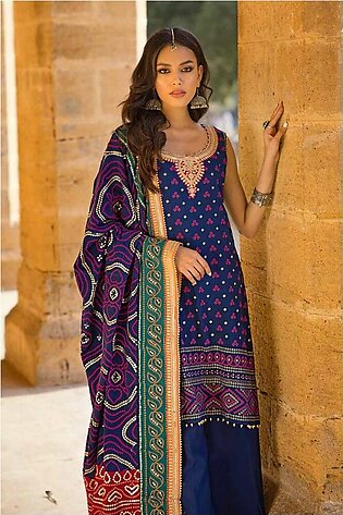 Gul Ahmed Chunri Embroidered Raw Silk Unstitched 3Pc Suit LE-42034