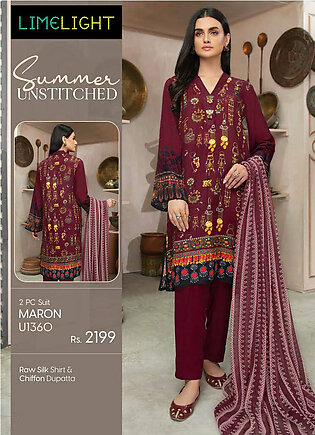 LimeLight Unstitched 2 Piece Printed Lawn Suit U1360 Maroon