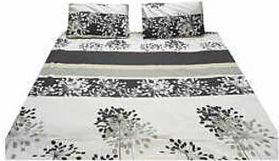 KW BED SHEET SET DOUBLE DANDELIONS PRINTED BLACK, WHITE, GRAY AND GOLDEN (SATIN)
