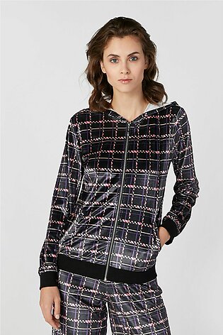 Chequered Bomber Jacket with Long Sleeves and Kangaroo Pockets