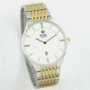 Royal London men’s wrist watch in textured white dial with date two tone bracelet