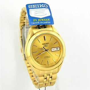 Seiko 5 golden dial men’s wrist watch with day and date