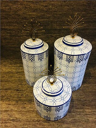 3 Piece Ceremic Blue and White design Decorative Jar with Lid