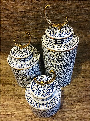 3 Piece Ceremic Blue and White design Decorative Jar with Golden Crescent Lid