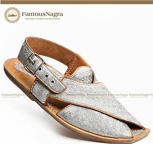 Peshawari Chappal / Sandal – Gents – Wedding Wear – Genuine Leather – Hand Zari Work – Silver – Leather sole – Art 948