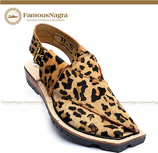 Norozi Chappal / Sandal – Gents – Original Cow Skin – Cheetah Print Painted – Leather Insole – Thick Tyre Outsole – Art 1042