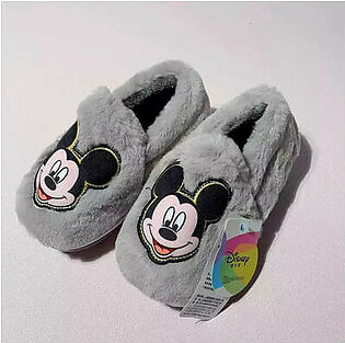 Disney Embroided Mickey Face Grey Fur Warm Slippers 10638
