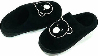 Embroidered Bear Face Warm Black  Winter Slippers 8329