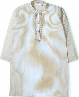 Beige & White Striped Embroidered Kurta