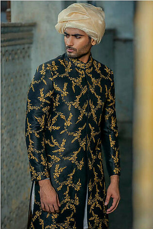 Deepak & Fahad -Black Raw Silk Sherwani with Gold Machine Embroidery - Made to Order - TUL-S08