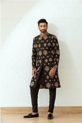 Deepak & Fahad - Black Embroidered Sherwani on Textured Karandi Atlas