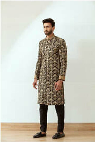 Deepak & Fahad - Black Raw Silk Embroidered Sherwani
