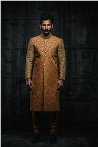Deepak & Fahad -Mustard Raw Silk printed Sherwani - SHA-S19