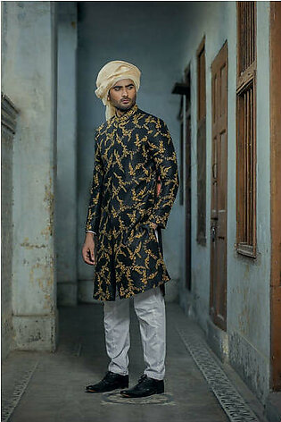 Deepak & Fahad - Black Raw Silk Sherwani with Gold Machine Embroidery