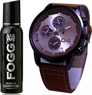 Kureshi Collections Analog Watch And Fogg Marco Body Spray For Men Pack of 2