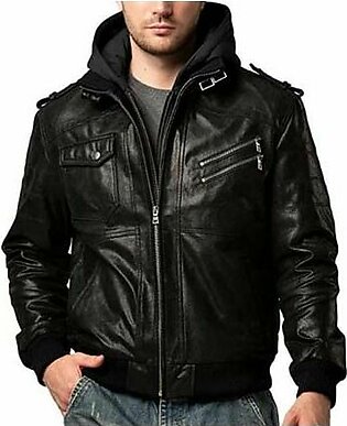 Toor Traders Leather Motorcycle Jacket Men with Removable Hood Black-Medium