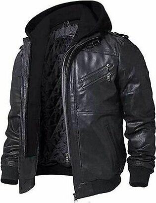 Toor Traders Biker Leather Jacket With Removable Hood For Men-Brown-Large
