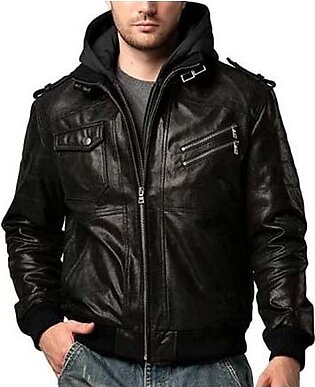Toor Traders Leather Motorcycle Jacket Men with Removable Hood Black-Small
