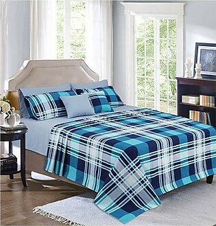 Cotton Passion Checked Printed Double Bed Sheet Set Sapphire Blue