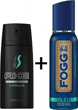 Kureshi Collections Axe Apollo And Fogg Bleu Ocean Body Spray For Men Pack Of 2