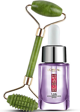 Bundle - Facial Beauty Jade Rollers for Face - Facial Massage Tool + L'Oreal Paris Revitalift 1.5% Hyaluronic Acid Face Serum 15 Ml