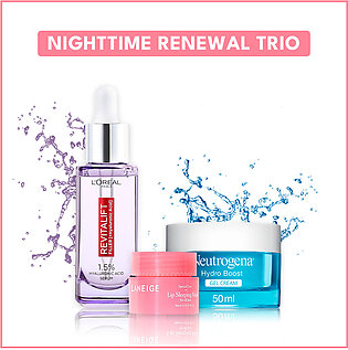 Bundle - Nighttime Renewal Trio/ Recharge & Restore Skincare Kit - Revitalift 1.5% Serum 30Ml + Laneige - Lip Sleeping Mask Berry 3G + Neutrogena Hydro Boost Gel-Cream Moisturiser 50Ml