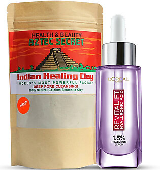 Bundle - L'Oreal Paris Revitalift 1.5% Hyaluronic Acid Face Serum 30 Ml + Aztec Secret Indian Healing Clay 100Gm