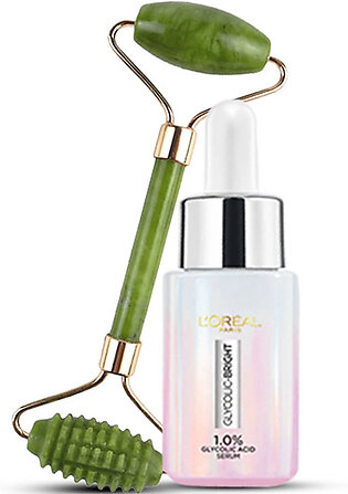 Bundle - Facial Beauty Jade Rollers for Face - Facial Massage Tool + L'Oreal Paris Glycolic Bright Instant Glowing Face Serums