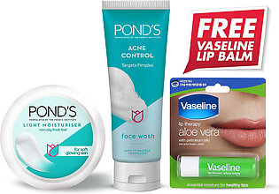 Bundle - Ponds Light Moisturizer + Ponds Acne Face Wash 100G with Free Vaseline Lip Balm