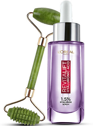 Bundle - Facial Beauty Jade Rollers for Face - Facial Massage Tool + L'Oreal Paris Revitalift 1.5% Hyaluronic Acid Face Serum 30 Ml
