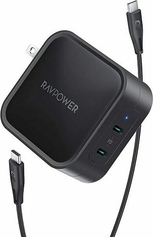 RAVPower 90W Wall Charger PD 3.0 Dual Port Fast Charging USB C Charger GaN Tech – Charges 2 Laptops at once – Black – RP-PC128