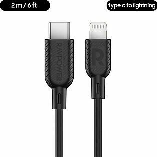 Type C to Lightning Cable by RavPower MFi Certified for Fast Wired Charging – 6 Feet – 2 meter – Black – RP-CB054